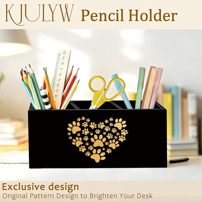 Pet Paw Print Pen Holder for Desk, Pet Lover Owner Gifts, Golden Animal Paw Print Heart Wooden Box Pencil Pen Holder Organizer for Home Office Desk Accessories