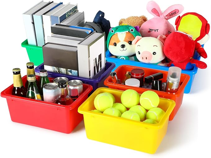 Zonon 12 Pcs Plastic Cubby Bins Office Storage Container Storage Bins Plastic Organization with 1 Pack Self Adhesive Label for Library Office Home Nursery(Bright Colors)