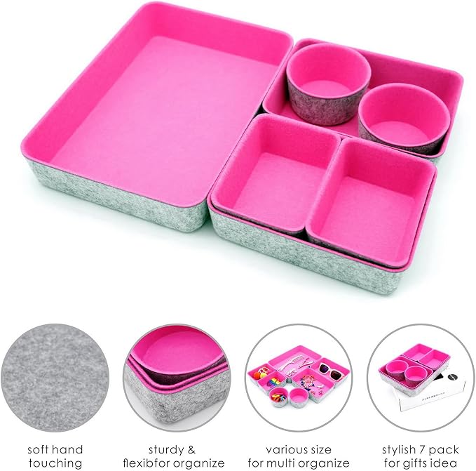 Welaxy Drawer organizer bins felt tray desk storage dividers 7pc Hot pink
