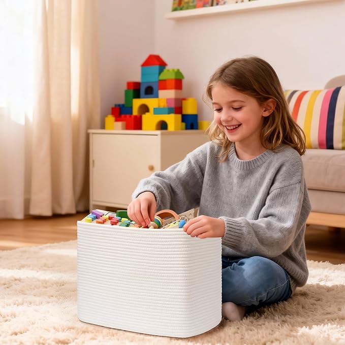 3 Pack Cube Storage Bin, 17”x12”x12” Cotton Rope Woven Baskets for Organizing Toys Clothes Towels, Square Gift Storage Baskets for Shelves, Nursery, Closet, Bathroom, Pantry (White)