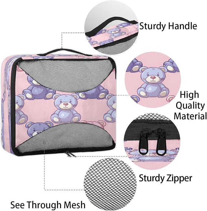Packing Cubes for Travel, Teddy Bear Travel Luggage Packing Organizers for Women Men, Large Custom Toiletries Bag for Clothes Shoes, Cute Bear Dolls Print