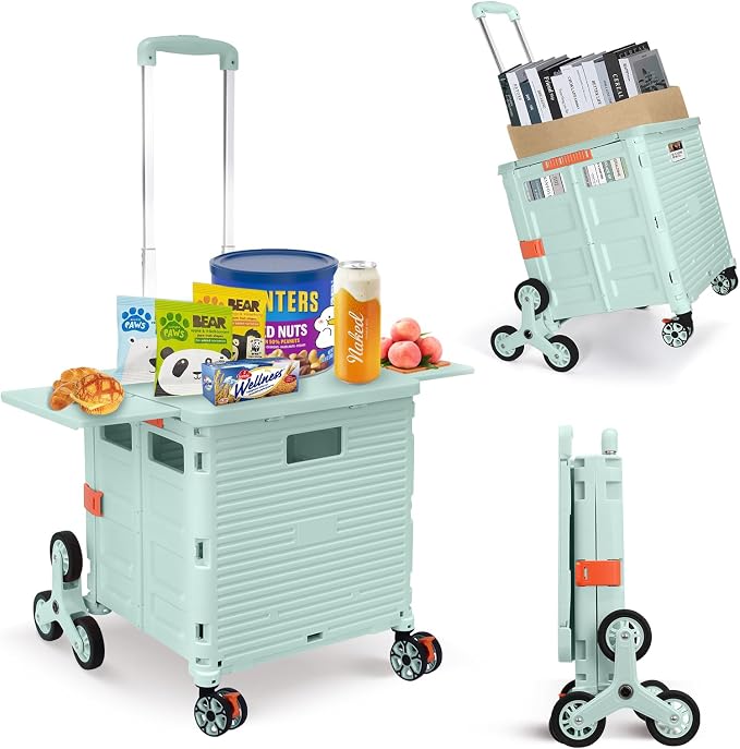 Foldable Utility Cart Collapsible Portable Crate Rolling Carts with Stair Climbing Wheels Tote Basket with Magnetic Lid Telescopic Cover Wear-Resistant 360°Rotate Wheel Noiseless for Shopping Office