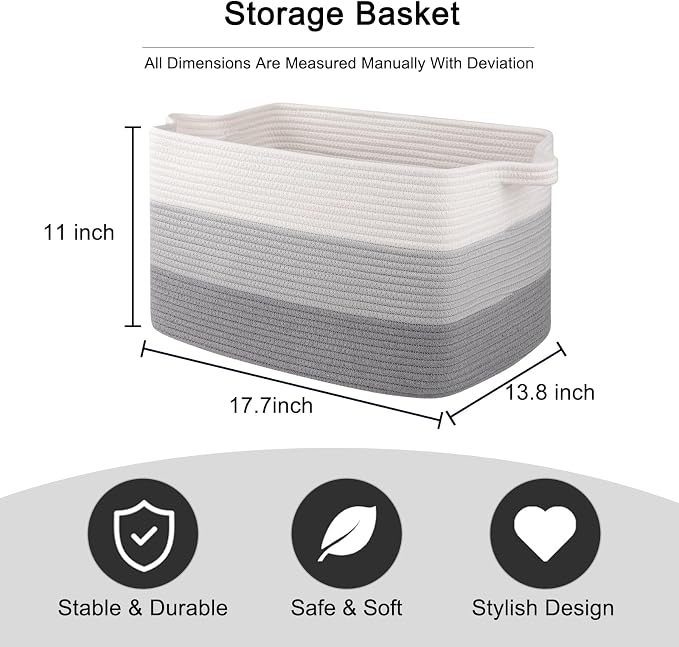 OIAHOMY Woven Blanket Basket Laundry Basket Dog Toy Basket Gradient Grey | Large Storage Basket,Baby Basket,Toy Storage,Woven Rope Basket for Blankets,Blanket Storage for Living Room