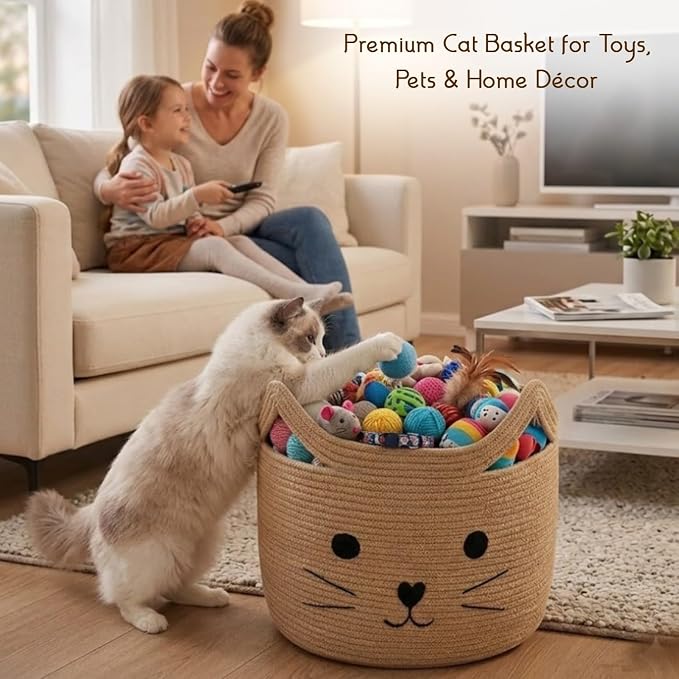 Storage Basket, Large 35L Woven Cotton Rope Baby Bin with Cat face, Cutout Handles, Foldable,Washable, Safe box for Pet's & Kid's toys, Stuffed Animals, Laundry Hamper (Cat - Jute)