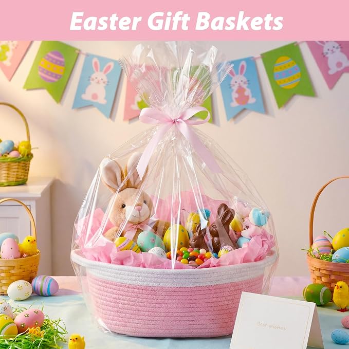 woric Baby Gifts Basket 12 x 8 x 5 in Small Woven Basket Rope Baskets | Soft Cotton for Wedding Gifts Empty Baby Shower Toy Storage Girls Birthday (Pink with Gift Bag Card Ribbon Tissue Paper)