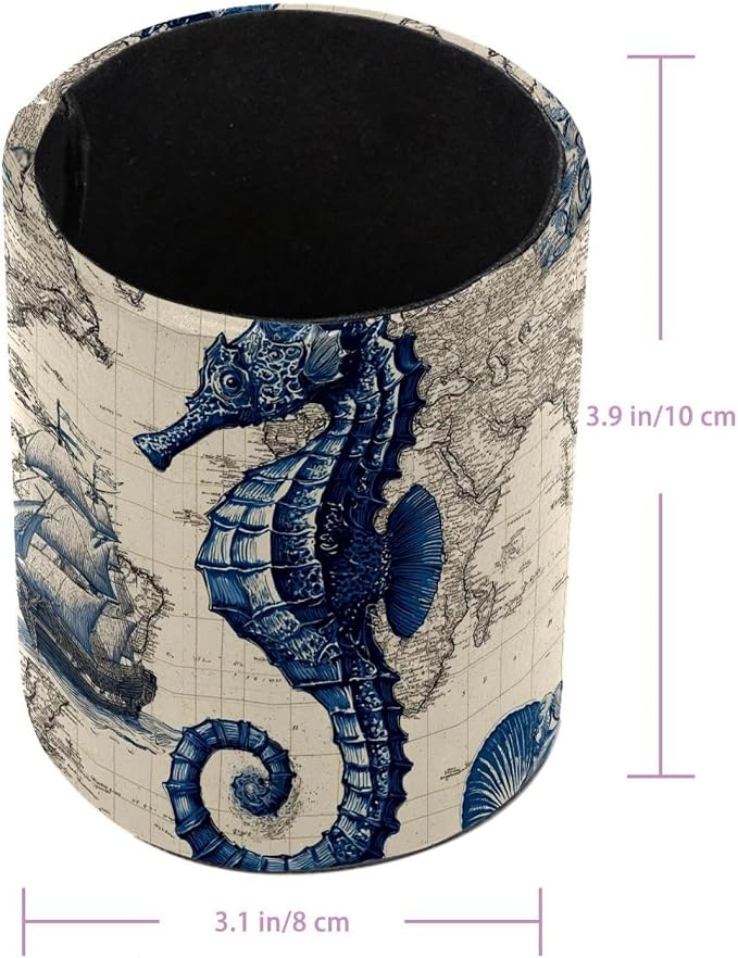 Faux Leather Pen Holder for Desk, Pencil Organizer Retro Seahorse Pen Cup Desk Decor Makeup Brush Holder Storage for Office Home
