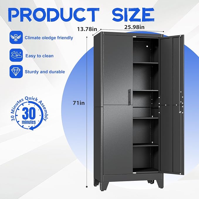 GAIOUS Tall Metal Storage Cabinet with Lock, 2 Doors Freestanding Steel Bookcase with Adjustable Shelves, Heavy Duty Lockable Office Filing Cabinet, Home Garage Utility Pantry Organizer Cabinet, Black