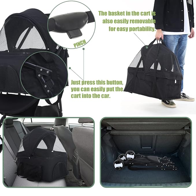 Dog Stroller Cat Stroller Pet stoller 3-in-1 Folding Dog Stroller for Small Medium Dogs Cats with Detachable Carrier Storage Basket Waterproof Lightweight for Travel,Black
