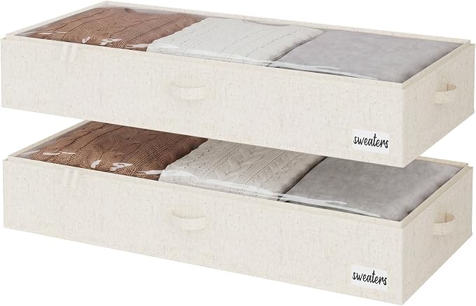 StorageWorks 7 Inch Low Profile Under Bed Storage Containers with Clear Lid | Reinforced Structure, Resists Sagging, Handles & Label Holder, Foldable Stackable Closet Storage for Clothes, Blankets, Toys