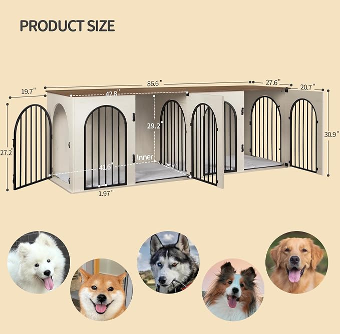 Hzuaneri 86.6" Double Dog Crate Furniture, Dog Kennel Indoor with Cushion | Heavy Duty Dog Crate Furniture for 2 Dogs,Dog Cage End Table TV Stand with Divider for Med-Large Dogs,White Brown DFC84014BV1