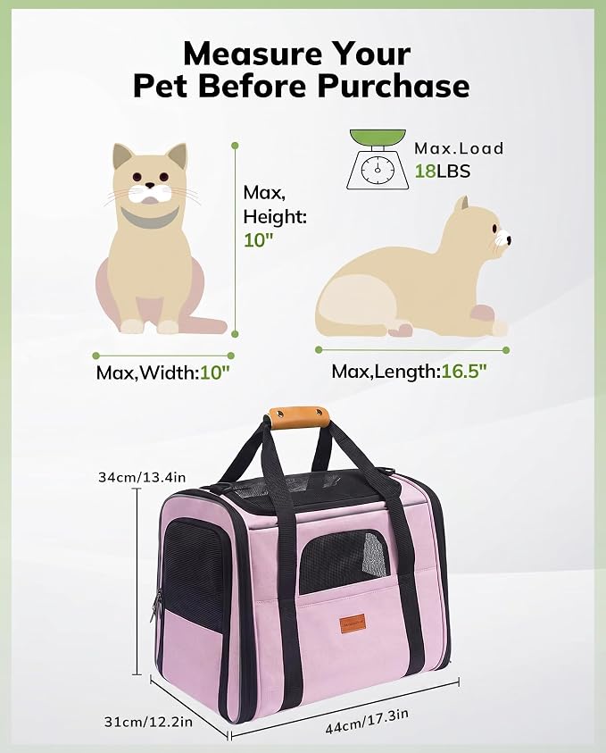 Morpilot Cat Carrier Soft for Large Medium Cats and Puppy up to 20lbs | with Dual-Sided Cushion, Secure Buckle and Foldable Bowl, Dog Carriers for Small Dogs - Pet Carrier (Pink)