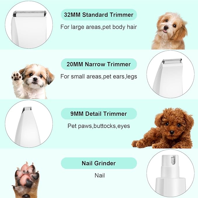 TBTeek Dog Clippers with LED Light, Cordless Dog Grooming Kit 5 in 1, Rechargeable Quiet Pet Clippers Paw Trimmer Nail Grinder for Body Face Ears Paw Nail