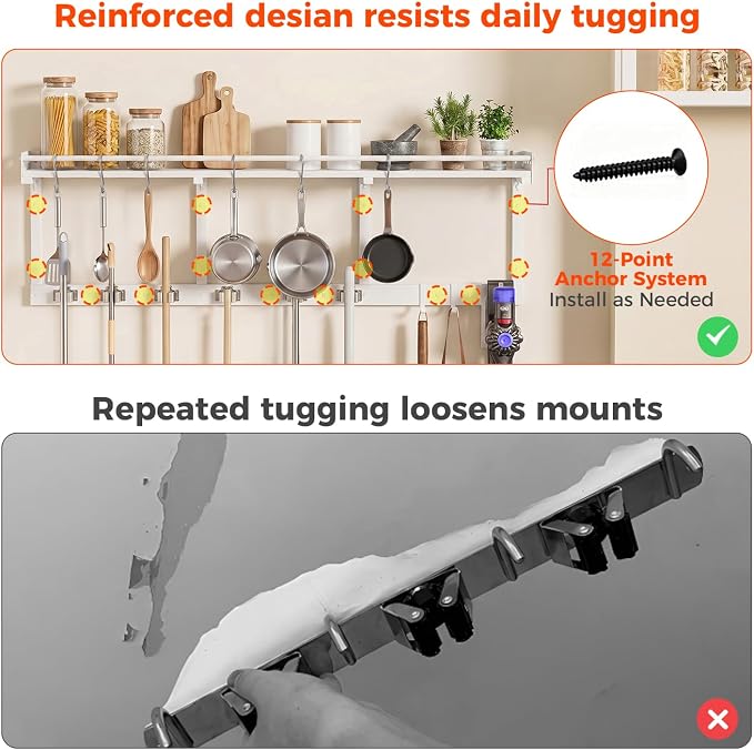 Broom Holder Wall Mount with Shelf,Broom Hanger,3 in 1 Broom and Mop Organizer Wall Hanging for Laundry,Garage,Utility,Broom Rack,Vacuum Stand Alternative,Cleaning Supplies Organizer Storage,White,XL