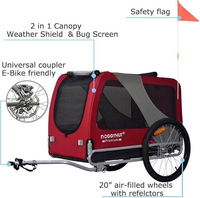 DOGGYHUT® Premium X Large Pet Bike Trailer Up to 100 lbs (Red) | Bicycle Trailer for Small Medium or Large Dogs, Dog Bicycle Carrier, Low Center of Gravity, Folding Frame Cart