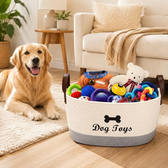 Large Dog Toy Basket, 100% Cotton Rope Dog Toy Storage Bin-Beige ﻿ ﻿ | Dog Toy Box for Livingroom Area with Handle for organizing Pet toys,Blankets,Leashes,Pee Mats and Diapers-16.5"x10.6"x 7.5"