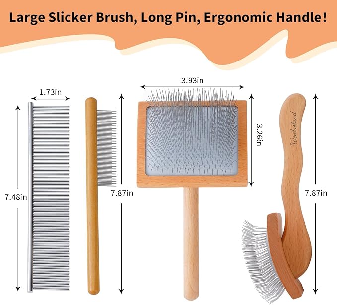 Ergonomic Slicker Brush for Long-Haired Dogs - Wooden Handle, Long Pins for Grooming Goldendoodles