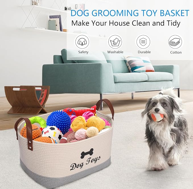 Large Cotton Dog Toy Basket, 16.5"x10.6"x7.5" - Perfect for Organizing Pet Toys, Blankets, Leashes, Coat & More - Beige Gray