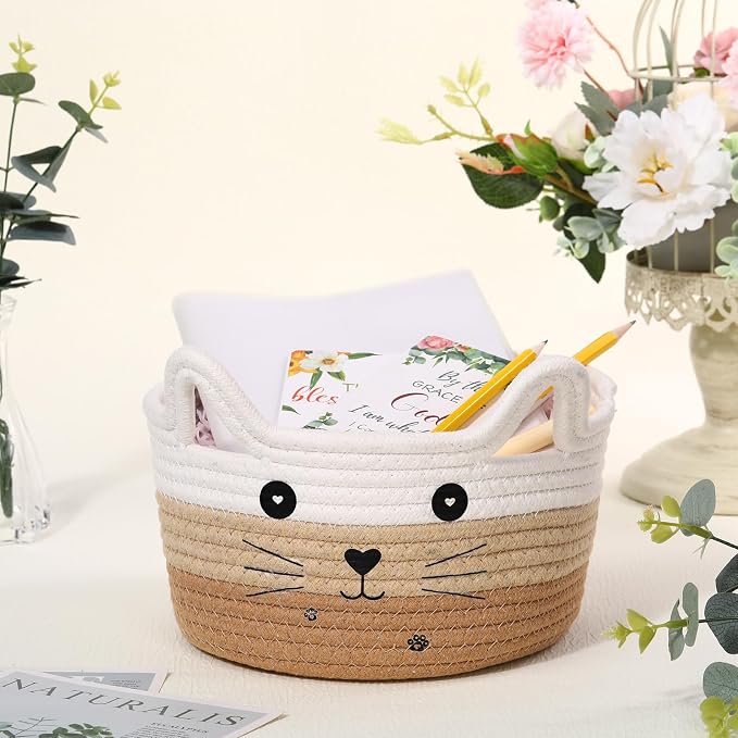 Zopeal Cat Woven Gift Basket Storage,8.3 x 4.7 Inch,Tan Gradient | Cute Cotton Rope Organizer with Handles for Toy Box, Nursery Decor, Decorative Bin, Pet Supplies Holder, Desk Storage