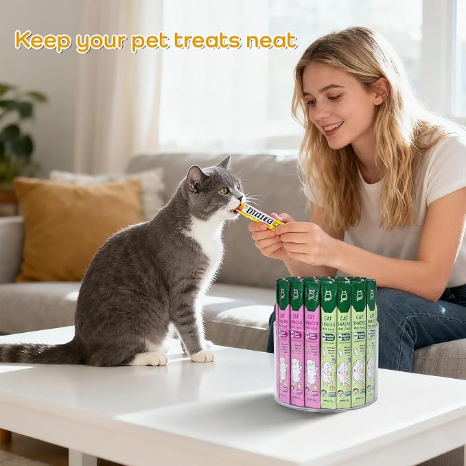 Lickable Cat Treats Organizer, Lazy Susan Acrylic Squeeze Up Cat Treats Storage Organizer with 4 Compartments, Wet Cat Treats Storage for Kitchen Cabinet Pantry Shelf Countertop