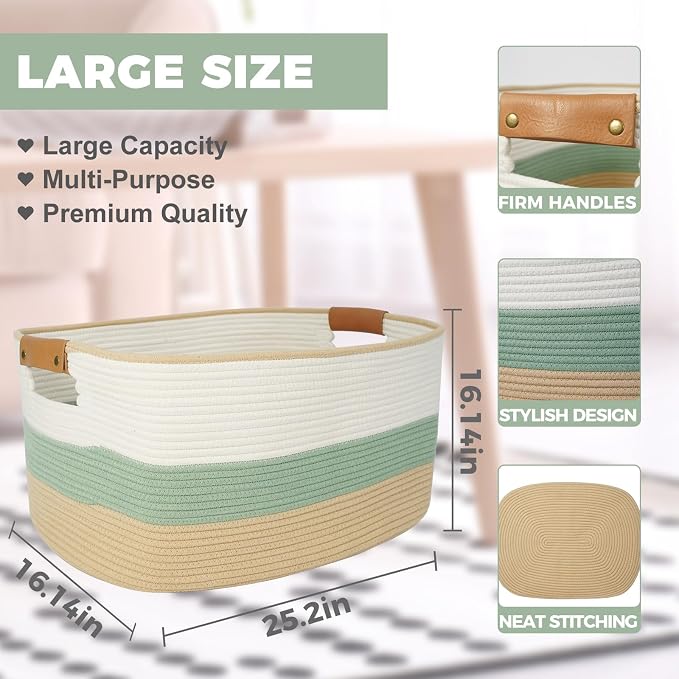 danpinera Large Woven Basket, 108L Rectangular Woven Storage Basket with Leather Handles, Stylish Organizer Bin for Home, Office, Laundry, Toys, or Blankets, 25’’*16’’*16’’ White & Green & Jute