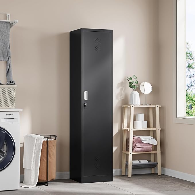 Broom Closet Storage Cabinet,Metal Cleaning Supply Tool Cabinet,Utility Cabinets for Brooms & Mops Black Garage Organization Cabinet for Laundry Room, Bathroom