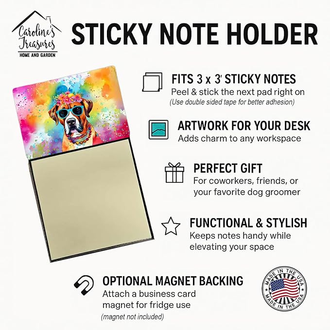 Caroline's Treasures Boxer Hippie Dawg Sticky Note Holder Refillable Dispenser Self-Sticky Note Pads, Memo Pads Blank Desk Accessories