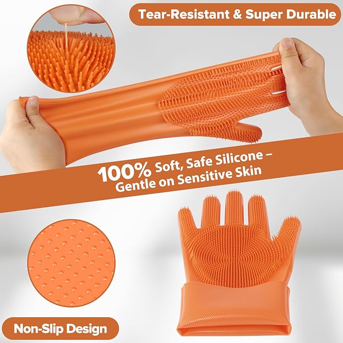 Augwind 6PCS Pet Grooming Kit for Dogs, Cats and Horses | Dog Washing Gloves | Cleanroom Gloves | Dog Bath Brush | Dog Bath Gloves | Dog Shampoo Brush | Dog Bath Supplies (Orange)