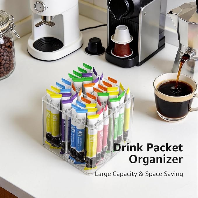 Drink Packet Organizer, Rotating Turntable Organizer with 4 Compartments | Clear Lazy Susan for Powdered Drink Mix, Water Flavor Packets, Coffee, Tea – Space-Saving Countertop Organizer