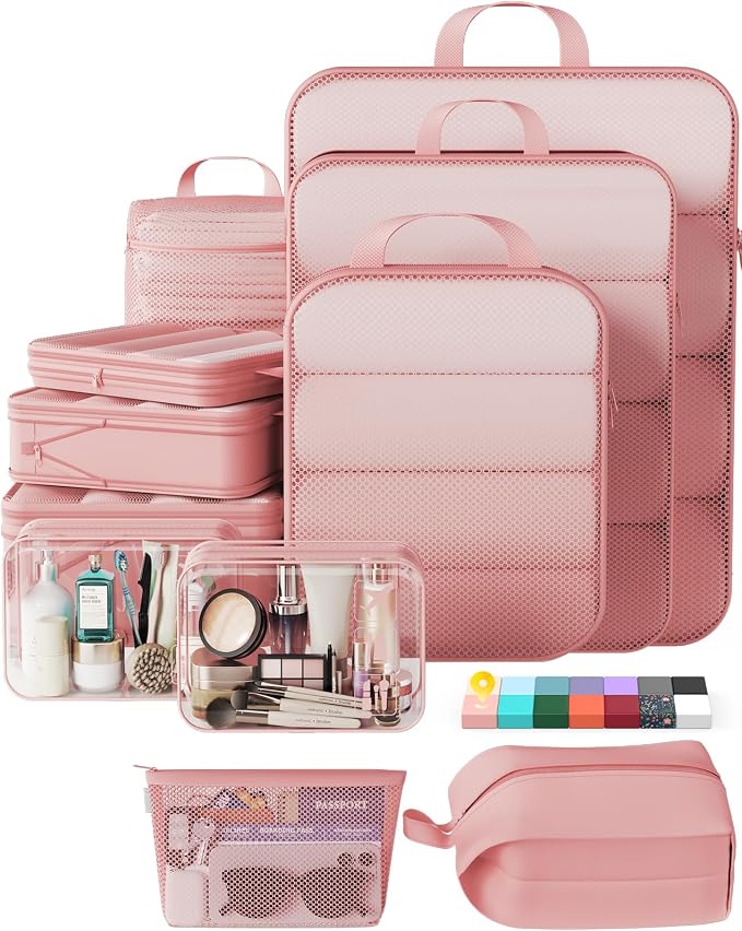 Veken 11 Set Compression Packing Cubes Garment Bags for Travel Essentials,Compressible Expandable Luggage Organizer Bags for Clothing,Space Saver Bags with Over 1000 pcs of Mesh Holes(Pink)