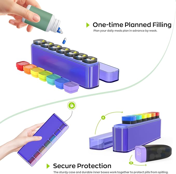 HIONXMGA Weekly Pill Organizer, Detachable 7-Color Pill Box, Easy Tracking | Portable Travel Pill Case Container for Daily Vitamin Supplement Fish Oil, Silicone-Seal, Lasting Labels, Quick Fill (Purple)