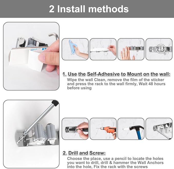 HANZENMA Broom Holder Wall Mount, Broom Organizer Wall Mount Stainless Steel Broom and Mop Hanger Heavy Duty Storage Organization for Home Kitchen Garden Garage Room 3 Racks 4 Hooks Grey