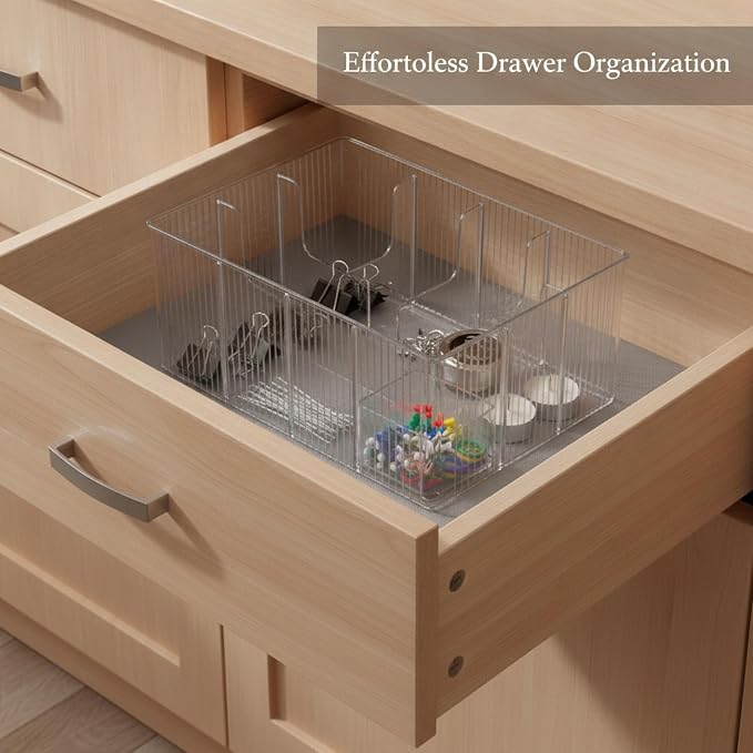 Multipurpose Clear PET Organizer Box with Dividers for Drawers, Desktops, and Cabinets - Versatile Storage Caddy, 10.1 x 5.2 x 3.9 Inches