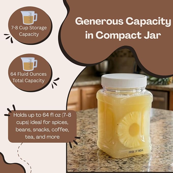 Clear Food Grade PET Plastic Square Grip Storage Jar w/Cap | 64 Fluid Ounces 7-8 Cup Storage Capacity | BPA Free USA Made | by Pride Of India