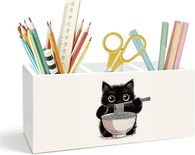 Funny Black Cat Pen Holder for Desk, Cat Lover Mom Dad Gifts, Japanese Ramen Noodles Kitty Wooden Box Pencil Pen Holder Organizer for Home Office Desk Accessories