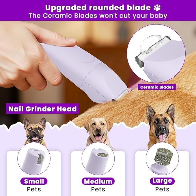 Veeconn Dog Clippers for Grooming - 4-in-1 Dog Clippers Grooming Kit with Low Noise & IPX7 Waterproof Design Includes Comb Paw Trimmer Nail Grinder - Rechargeable & Cordless Dog paw Trimmer (Purple)