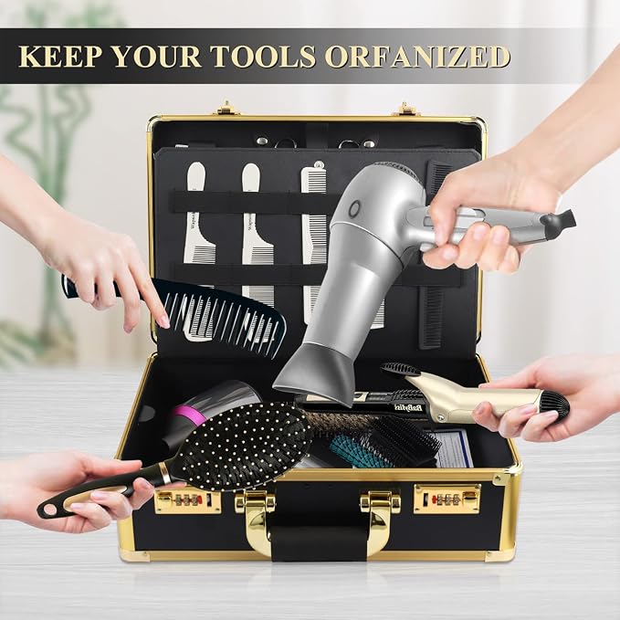 Barber Case Clipper Bag Gold, Hair Kit Tool Box Aluminum Organizer with Portable Handle and Secure Numlock for Scissors, Clippers, Barber Supplies 15.7" x 12" x 6.1"