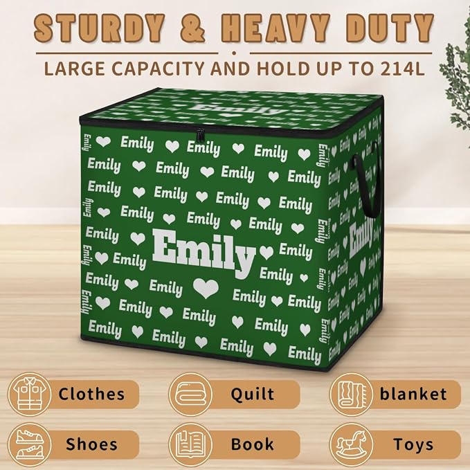 Personalized Extra Large Storage Bins with Lid, Customized Name Dark Green with Love Heart Jumbo Storage Basket Rectangle Clothes Organizer for Organizing Kids and Pets Toys Shelf Closet