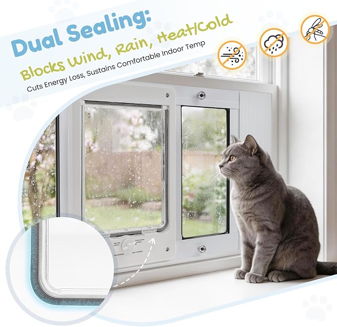 Petoasis Cat Door for Window & Small Dog, Quick Damage-Free Install, 32"-36" Width Adjustable, All Aluminum Frame, 4-Way Lock, Magnetic Closure Cat Window Door, Extra Window Lock & Sealing Strips (L)