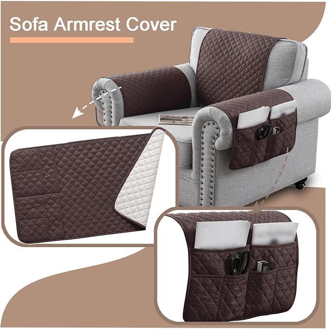 Water-Resistant Sofa Armrest and Headrest Covers with Side Pocket | Keep remotes close quilted polyester helps guard against wear, pet scratches, and kids' messes silicone backing adds grip