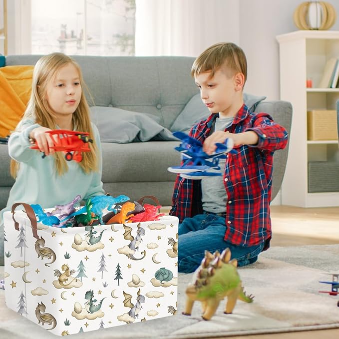 Rectangular Dinosaur Baskets,Watercolor cute dragon fairy tale kids nursery basket,Cloud moon star dragon egg laundry basket for kid,Toys Box,Dinosaur Room Decor(Cute dinosaur)