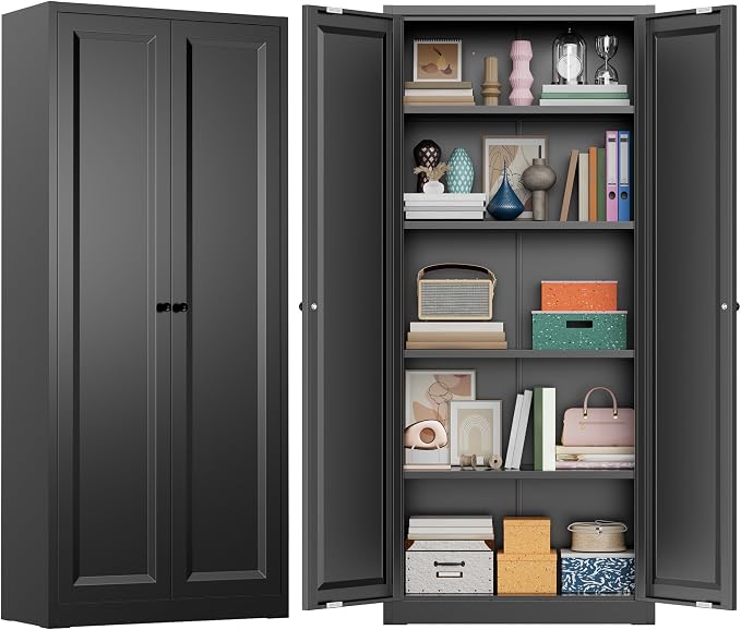 Greenvelly Metal Storage Cabinet, 63" H Black Metal Storage Cabinet with Doors and 4 Shelves, Lockable Steel Cabinets for Living Room, Office, School (Black - Modern)