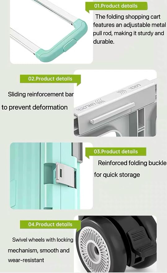 Foldable Utility Cart, Portable Rolling Crate Handcart with 360° Rotating Wheels, Detachable Lid, and Telescoping Handle, Collapsible Shopping Trolley for Travel, Office, Grocery, and Luggage Storage