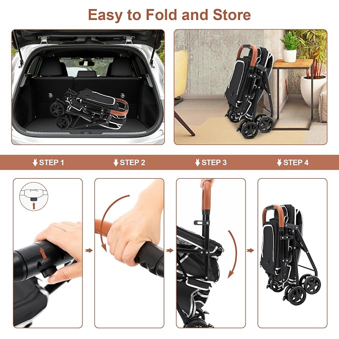 Double Pet Stroller for 2 Dogs & Cats, Double-Decker, Black | One-Hand Fold Two-Tier Stroller with Separate Cabins, 44 lb Capacity, 4 Tethers, Locking Front Wheels and Rear Brakes