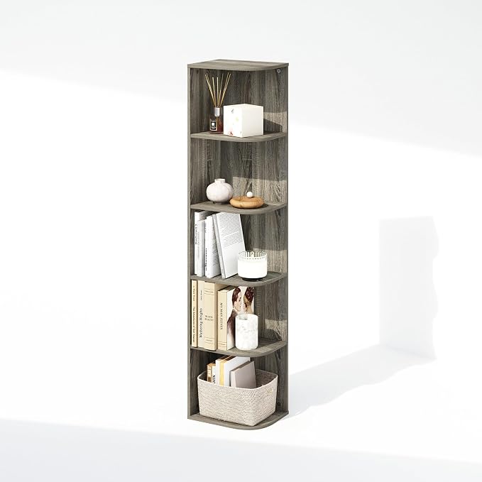 Furinno Reed Corner Shelf, 5-Tier Corner Bookshelf, Book Shelf, Corner Shelves, Storage Rack, for Organization and Storage, Home Office, Living Room, French Oak