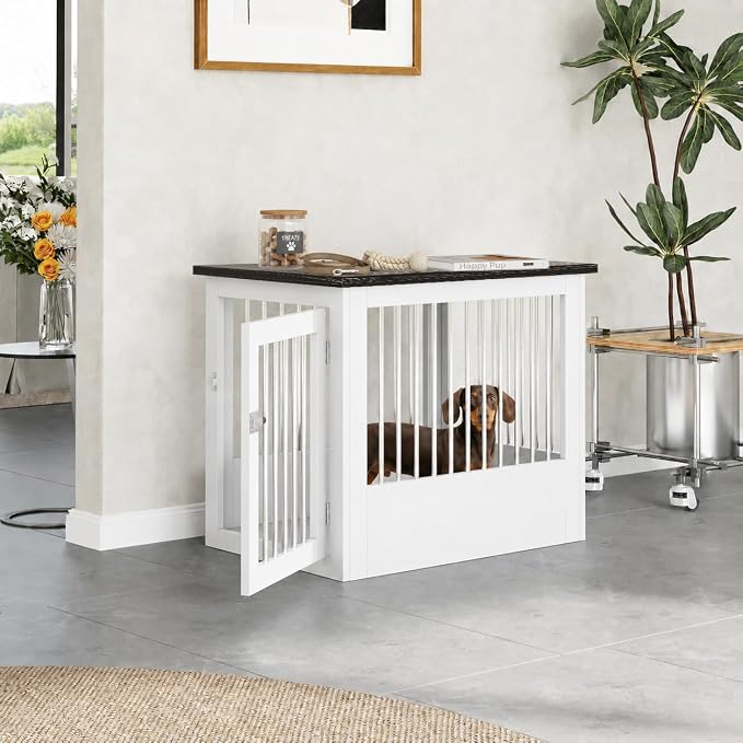 30" Wooden Dog Crate Furniture,Medium Kennel Pet Cage End Table for Indoor | for Small Medium Dogs, White and Black, Fits Living Room Bedroom, Heavy Duty Steel Frame with Lock 45 lbs Cap, 100 lbs Top.