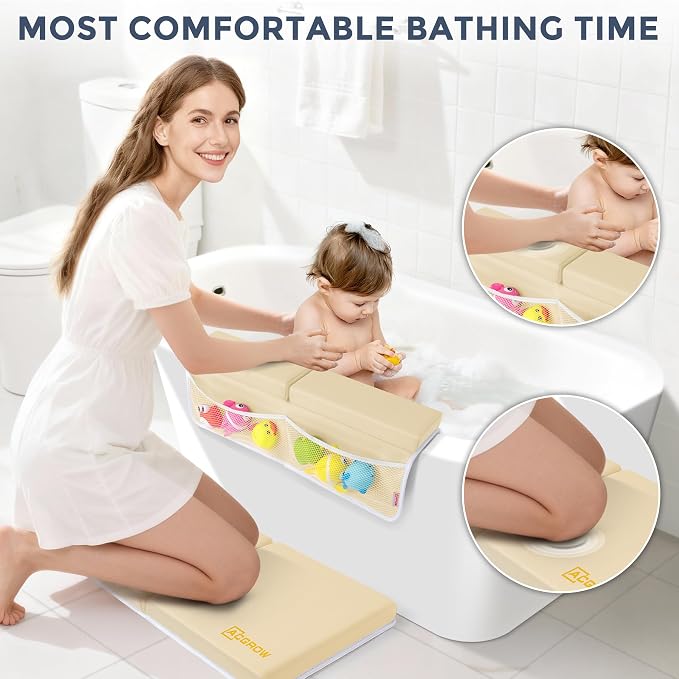 Bath Kneeler and Elbow Rest Pad Set, 1.5” Thick Bathtub Kneeling Mat | Cozy Memory Foam, Non-Slip 6 Suction Cups and 4 Toys Organizer Pockets, Quick-Dry Bath Kneeling Pad for Babies Toddlers