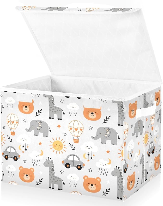 Storage Bins with Lid Giraffe Bear Foldable Storage Boxes 40L Baskets | Decorative Storage Boxes, 300D Oxford Cloth, Hollow Board Frame, Flip Top Velcro Lid, 16.5x12.6x11.8 inch, Collapsible Design