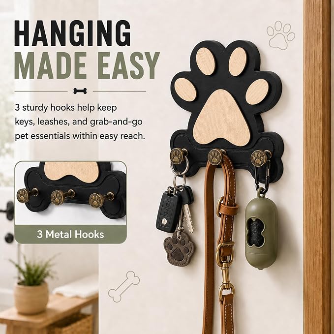 1 Pack Dog Leash Holder for Wall, Wooden Key Holder Wall Mount with 3 Metal Hooks, Dog Paw Organizer for Dog Owners and Pet Lovers (Black) (2)