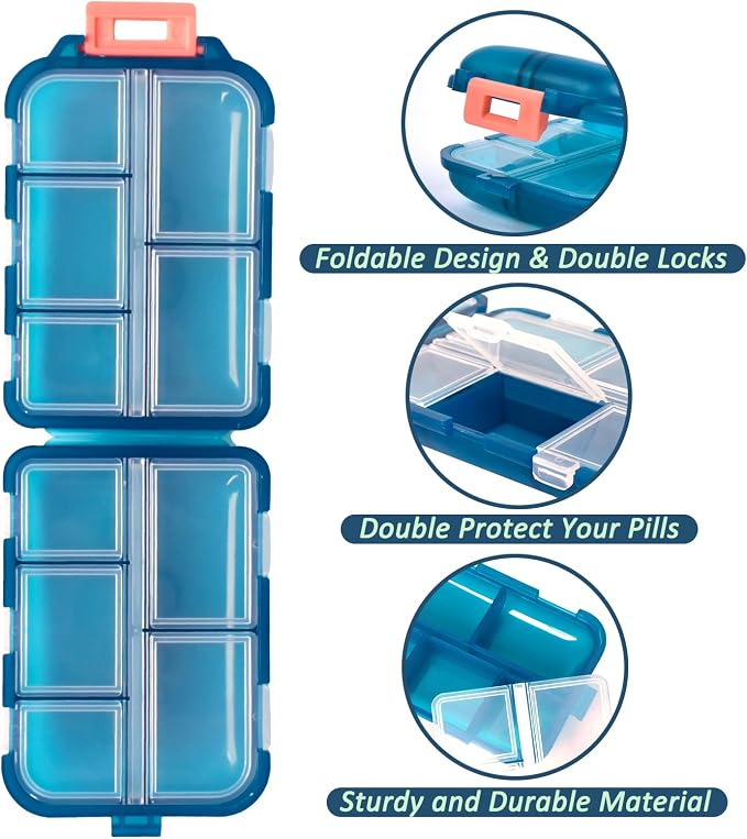 3 Pack Pill Organizer Travel Case - 10 Compartments Large Weekly Pill Container with 420 Labels, Double Lock Design, Portable for Home/Travel/Purse