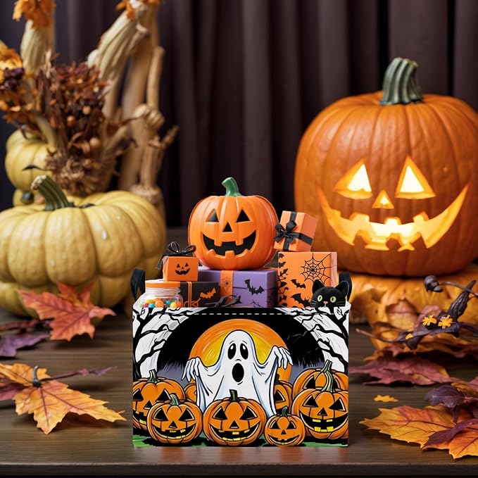 Large Halloween Basket Gift Cute Ghost Pumpkin Parties Decor Kid Trick or Treat Basket for Boys and Girls Rectangular Storage Bin Box (Great Ghost)